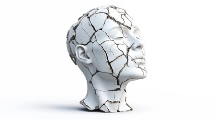 Broken Ceramic Head - Conceptual 3D of Fractured Sculpture on White Background