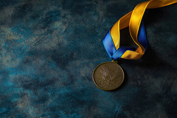 Bronze Medal with Yellow Blue Ribbon on Textured Background Symbolizing Achievement and Victory