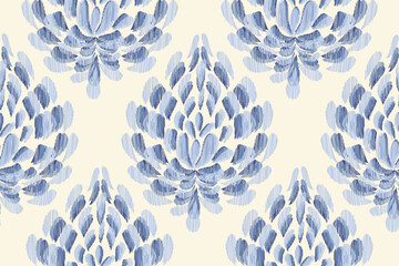 Vintage floral ethnic tapestry modern embroidery texture boho design vector illustration hand drawn silhouette indigo blue flower motif branches leaves wallpaper seamless background border.