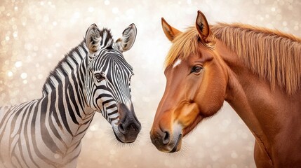 A beautiful black and white striped zebra stands gracefully beside a majestic brown horse in a serene light background, showcasing the stunning contrast between the two elegant creatures.