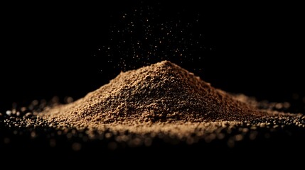 Dark brown powder pile on black background with particles rising.