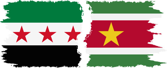 Suriname and Syrian Revolution grunge flags connection, vector