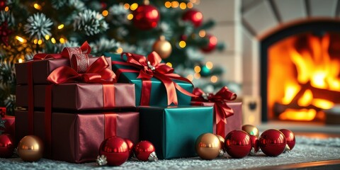 A festive arrangement of wrapped presents with red and teal ribbons sits before a glowing fireplace and a decorated Christmas tree.