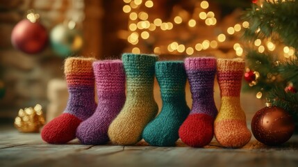 Cozy Winter Warmth with Knitted Socks and Christmas Decorations for Festive Card Designs