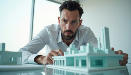 A focused architect examines a detailed architectural model  meticulously reviewing its design.