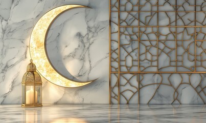 A glowing crescent moon and lantern displayed on a marble surface, symbolizing Ramadan's elegance and traditions.