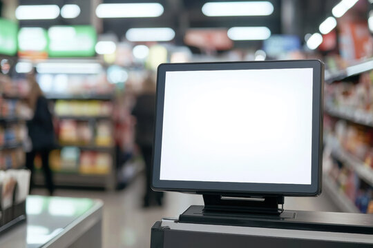 Blank digital screen mockup for advertisement, placed near the checkout counter in a modern supermarket, with visible shoppers in the blurred background