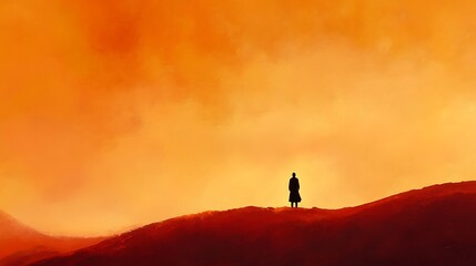 Solitary Figure on a Crimson Hill Under an Orange Sky