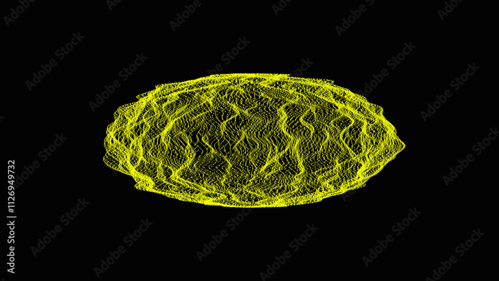 Poster abstract sphere made of points and dots. exploding particles ,yellow globe isolated on black backgro