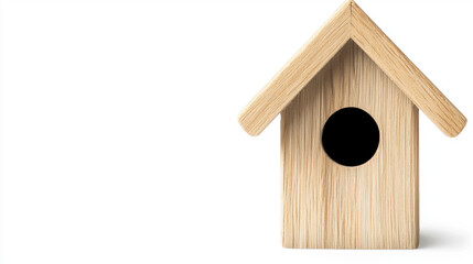 Bird house concept. A simple wooden birdhouse with a circular entrance, showcasing a minimalist design and natural wood texture.