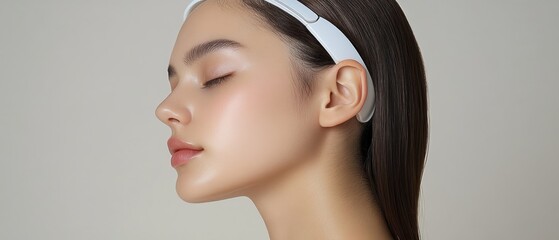 A woman relaxes while using a modern migraine relief device designed for easy wear, showcasing its sleek design and effectiveness in reducing discomfort