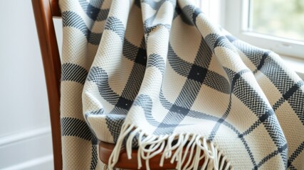 Cream and Charcoal Plaid Throw Draped on Wooden Chair