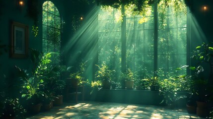 Obraz premium A room with lots of plants and sunlight shining through the windows