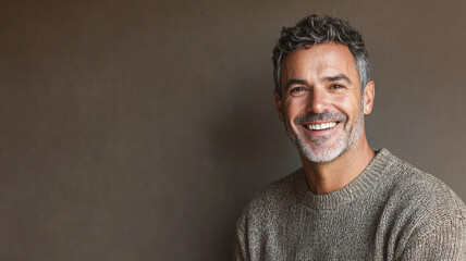 Portrait of a man with salt-and-pepper hair and a warm smile, wearing a casual sweater, standing against a neutral taupe background, relaxed and approachable