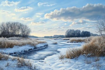 A serene winter landscape featuring a snow-covered river and frosty trees under a blue sky.