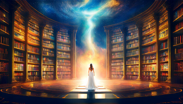 Metaphysical Akashic Records serene, celestial library floating in the cosmos, filled with glowing, infinite bookshelves that stretch endlessly in all directions