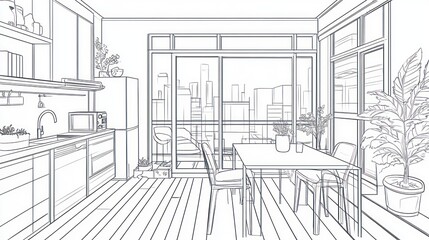 Outline of a modern kitchen and dining area with city view.