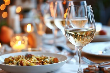A beautifully arranged dining table with a glass of wine and exquisite dishes.