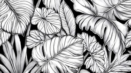 Monochrome Tropical Leaf Pattern Design Illustration