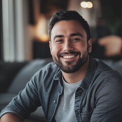 Fototapeta premium A smiling young man radiating joy in a modern interior space.