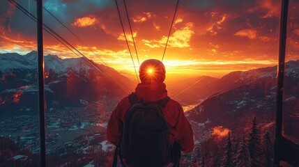 Obraz premium A person enjoying a sunset view from a cable car in the mountains.