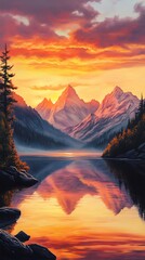 Fototapeta premium A serene mountain landscape at sunset, reflecting on a calm lake.