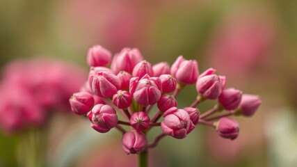Close-up view of delicate pink flower buds, blooming in a soft-focus natural setting