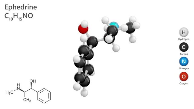Ephedrine. Stimulant. Animated 3D model of a molecule. Molecular formula: C10H15NO. Chemical model: Ball and sticks. White background. 3D rendering. Seamless loop.