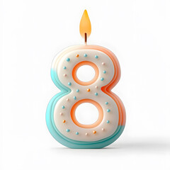 Happy Birthday burning candle in the form of number 8 isolated on white background