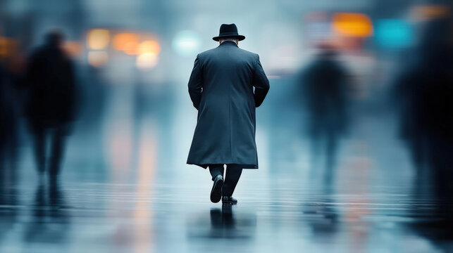 Mysterious figure in a dark coat and hat walking through a blurred urban environment with colorful lights and shadows of passersby on a rainy evening