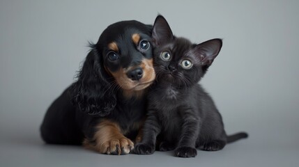 Obraz premium A puppy and a kitten snuggle together, showcasing friendship and companionship.