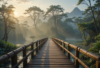 Fototapeta premium A landscape photo of a wooden bridge in the middle of a tropical forest with morning sunlight makes for a very aesthetic photo
