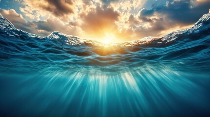 Fototapeta premium As I descended deeper beneath the waves, the dark blue ocean surface above me began to morph into a beautiful, swirling canvas of shifting hues