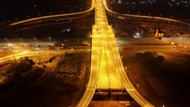 Aerial of illuminated Expressway and turnoffs