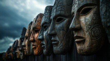 Mroczne maski zawieszone w rzędzie pod zachmurzonym niebem, każda z nich kryje tajemnice dawnych epok i odległych krain.