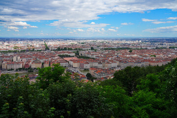 Landscape view of downtown Lyon seen from the Basilica of Notre Dame of Fourvière.