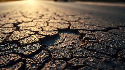 Close-up view of cracked asphalt pavement at sunset showing texture and detail