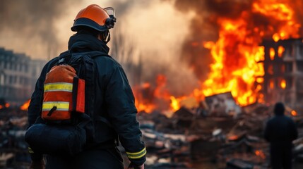 Obraz premium Brave firefighter facing raging blaze amidst destruction and chaos in urban disaster scene