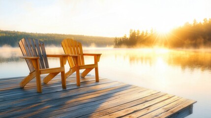 Naklejka premium The tranquil scene of two weathered Adirondack chairs sitting side by side on a wooden dock, overlooking a serene lake in Muskoka, Canada, is bathed in the warm glow of the sunrise