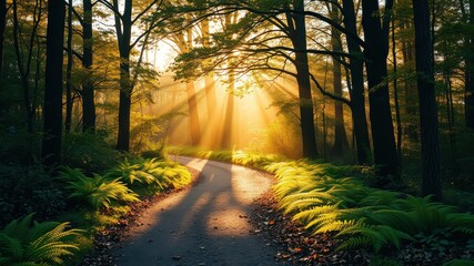Fototapeta premium Sunlit Path Through a Verdant Forest at Dawn, Illuminated by Golden Rays