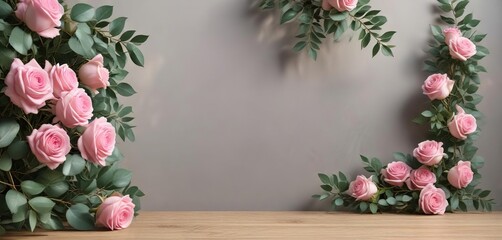 Fototapeta premium Handmade corner border with pink roses and eucalyptus branches, creative, artistry, craft, decorative elements
