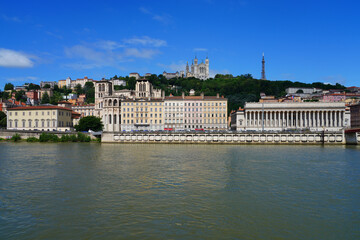 View of colorful buildings on the quay on the Saone River in downtown Lyon, France.