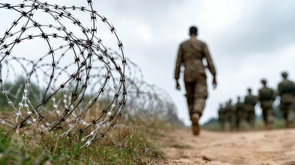 Obraz premium Martial Law Concept, Lone Civilian Walking Past Barbed Wire Barricades in a Military Environment on a Cloudy Day