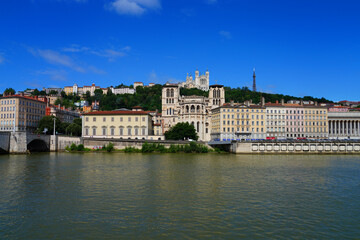 View of colorful buildings on the quay on the Saone River in downtown Lyon, France.