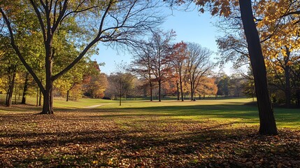 Autumnal Park Landscape With Golden Trees And Fallen Leaves
