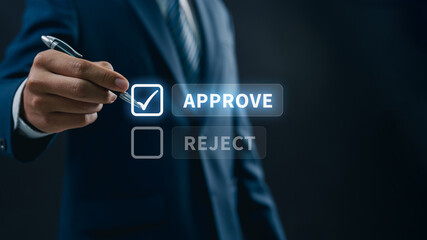 Business Professional Making Digital Approve or Reject Decisions, Showcasing Advanced Technology for Workflow Management, Authorization Processes, and Corporate Strategy Execution