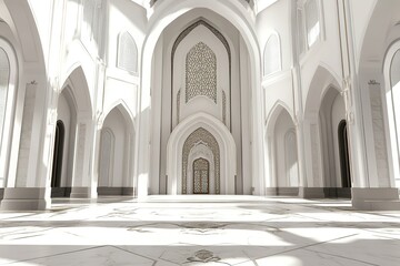 Mosque interiors with defocused pillars, windows, and doors, crafting an abstract backdrop.
