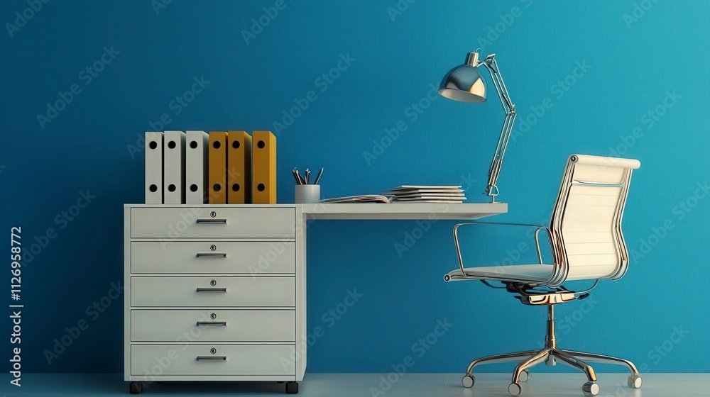 Poster modern office workspace with filing cabinet desk and lamp contemporary design product showcase minim