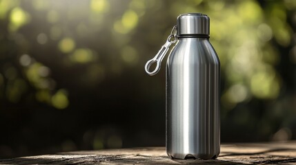 Durable water bottle with carabiner outdoor setting product showcase natural environment close-up view eco-friendly concept