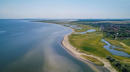 Aerial view of a serene coastal landscape with a sandy beach, calm waters, green marshland, and distant wind turbines under a clear sky.